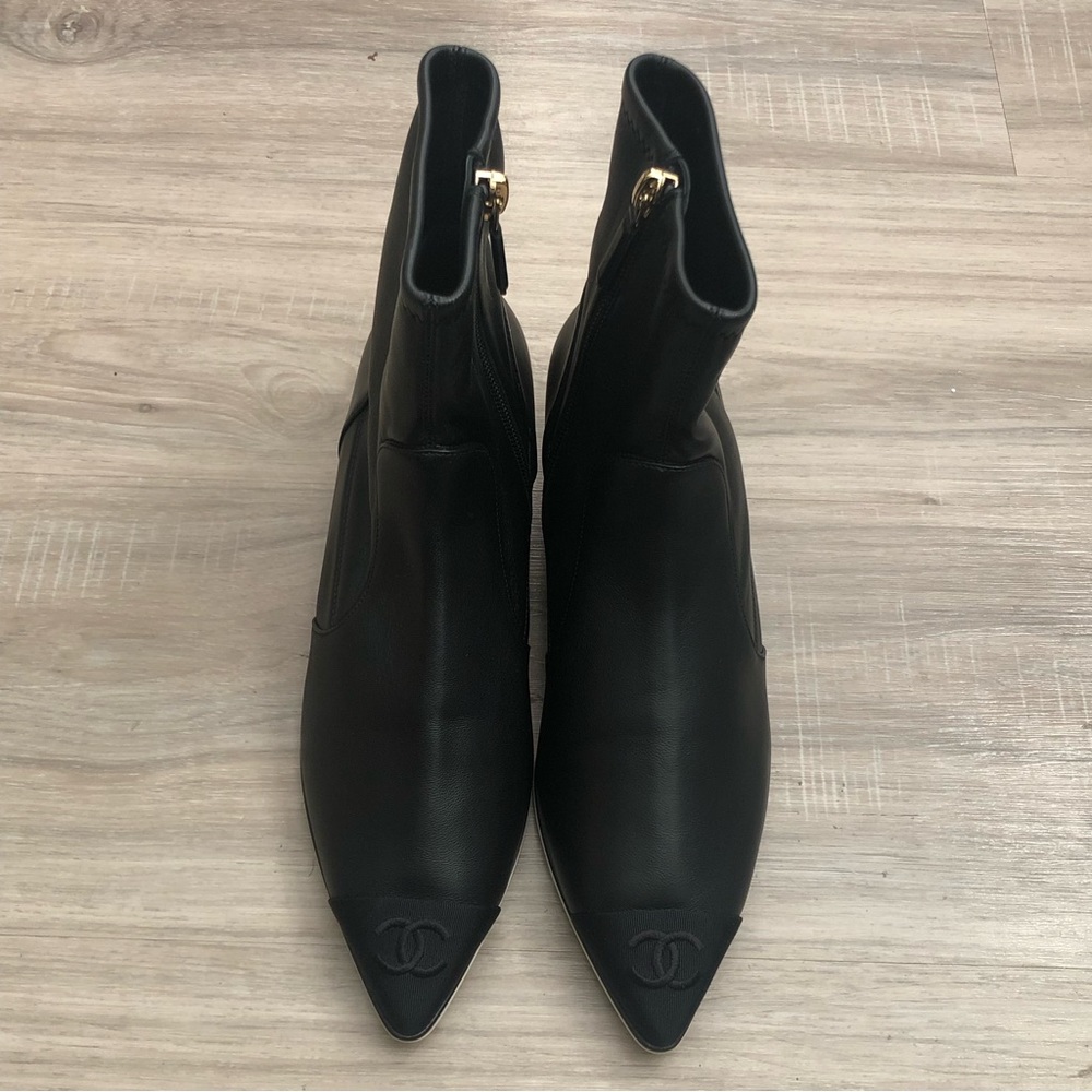 chanel ankle boots 37/7b black stretch lambskin grosgrain new in box
